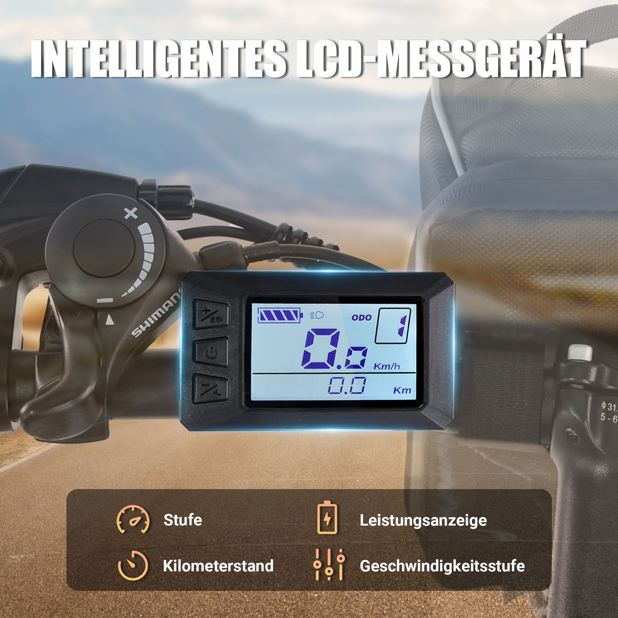 Contachilometri LCD intelligente. Indicatore di velocità, chilometraggio, indicatore di alimentazione. Interruttore Shimano.