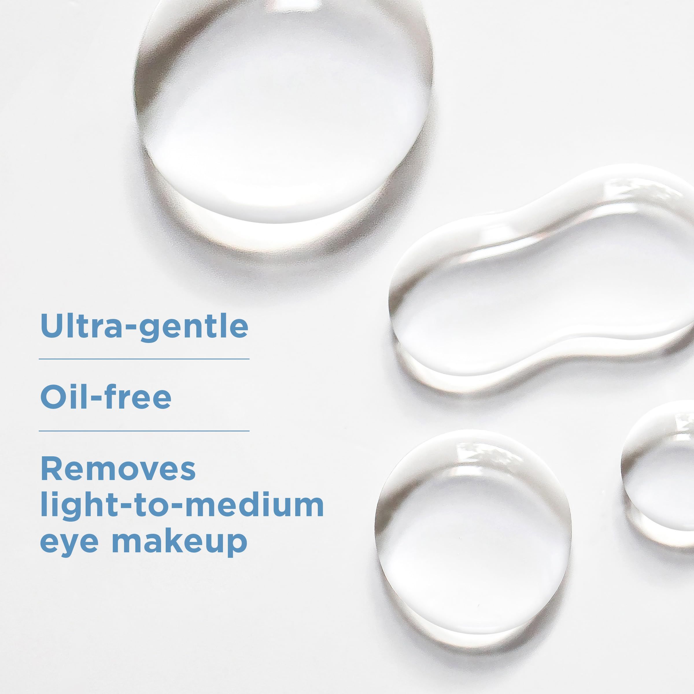 Primo piano di gocce di liquido trasparente. Testo: Ultra-gentle, Oil-free, Removes light-to-medium eye makeup.