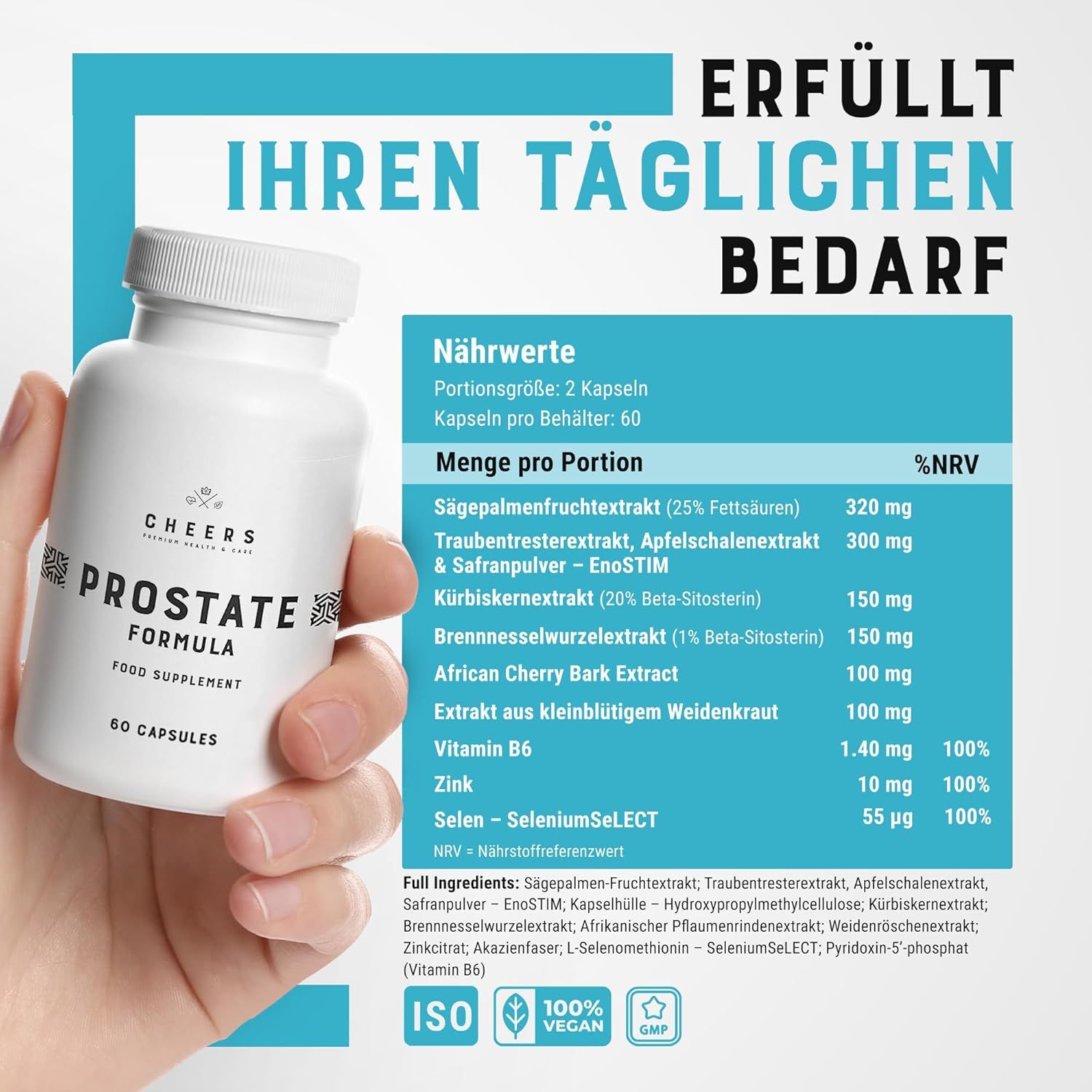 Flacone bianco con capsule. Scritta: PROSTATE FORMULA. 60 capsule. Ingredienti: frutto di palma nana, estratto di vinaccia, ecc. ISO, 100% vegano, GMP.