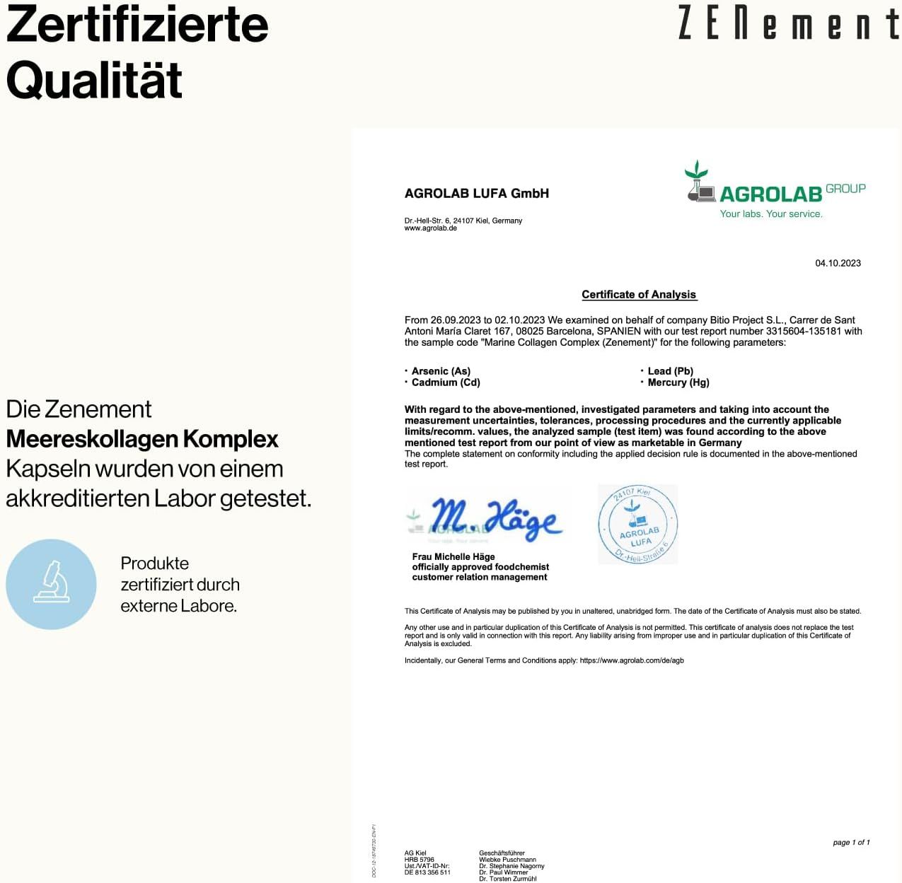 Documento di certificazione di AGROLAB LUFA GmbH. Testo: Le capsule Zenement Meereskollagen Komplex sono state testate da un laboratorio accreditato.