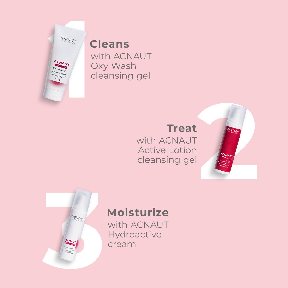 Tre prodotti Biotrade Acnaut: gel detergente, lozione e crema. Scritte "Cleans", "Treat" e "Moisturize".