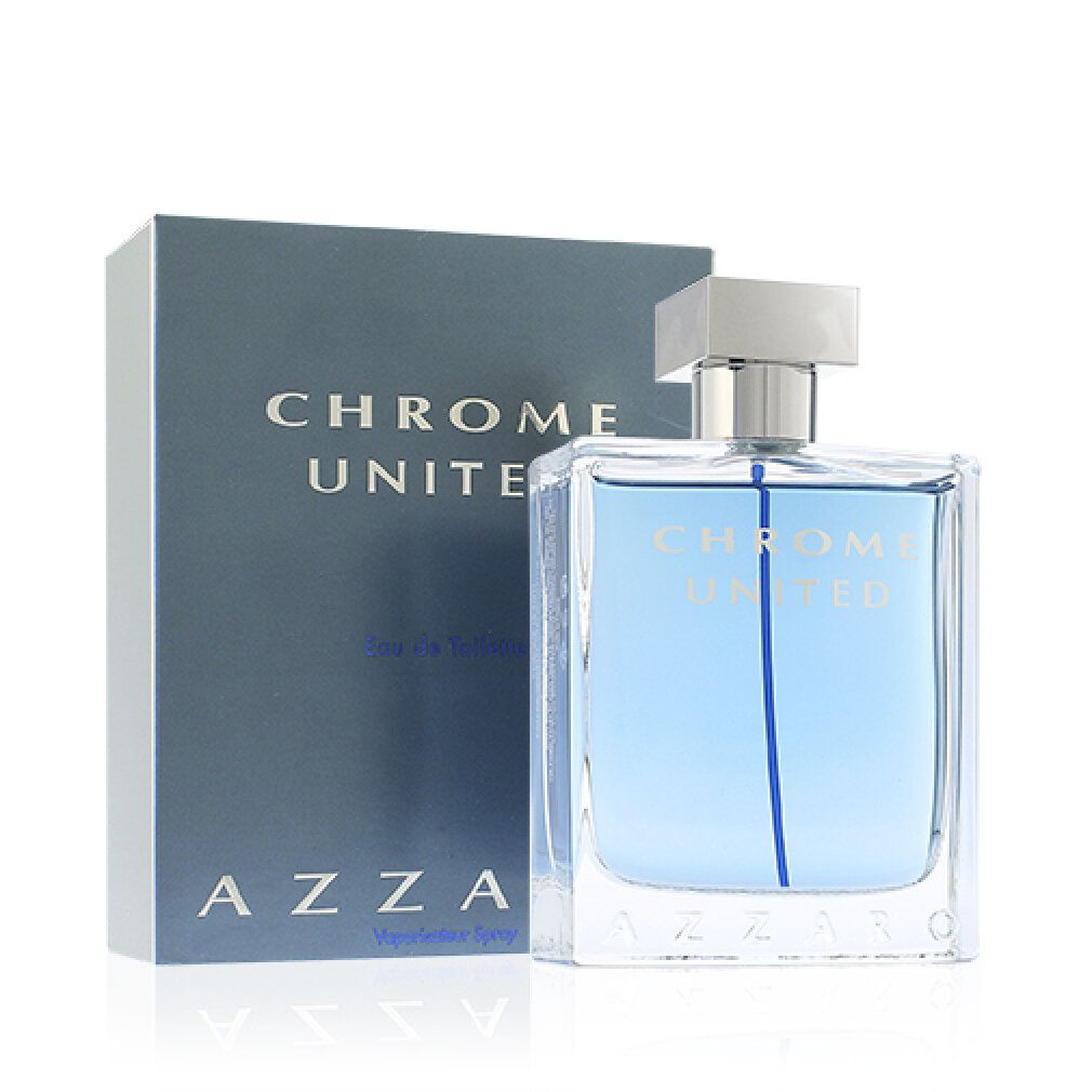 Flacone di profumo e scatola. Scritta: CHROME UNITED, AZZARO. Flacone quadrato, tappo argentato. Scatola grigia.