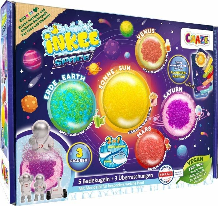 Confezione Set INKEE Space. Contiene 5 bombe da bagno e 3 sorprese. Illustrazioni di pianeti e astronauti.