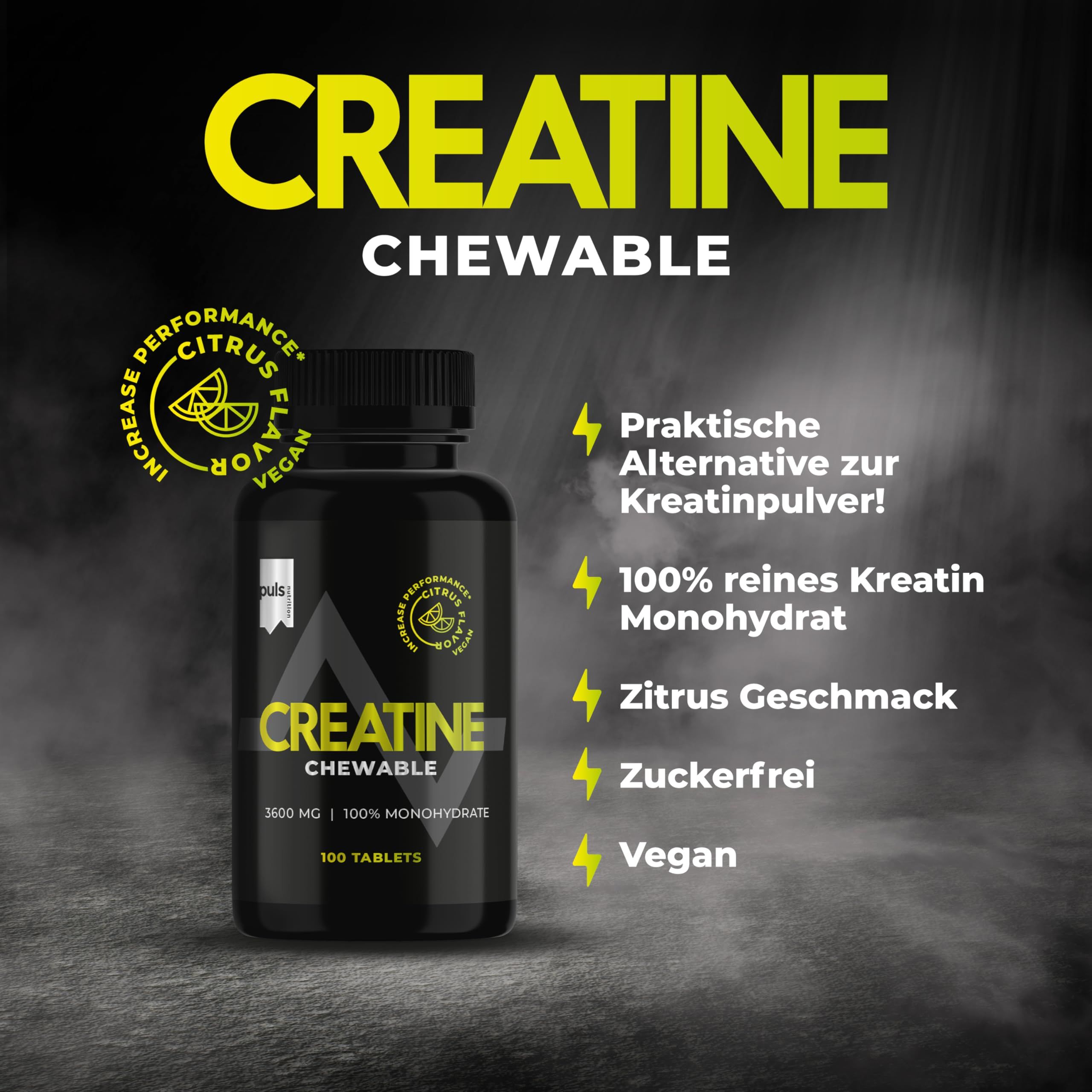 Barattolo nero di compresse masticabili di creatina. Con sigillo 'Citrus Flavor' e testo sui vantaggi.