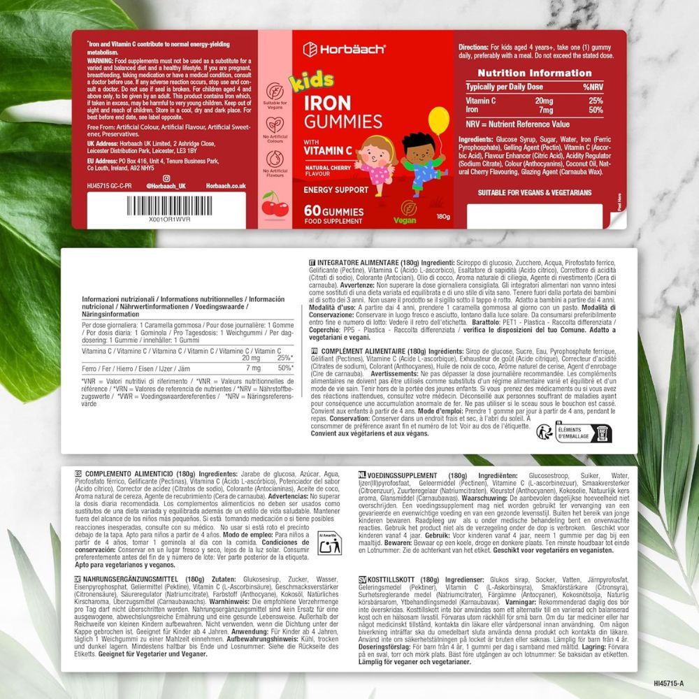 Etichetta con informazioni nutrizionali e ingredienti. Flacone "kids Iron Gummies". 60 caramelle.