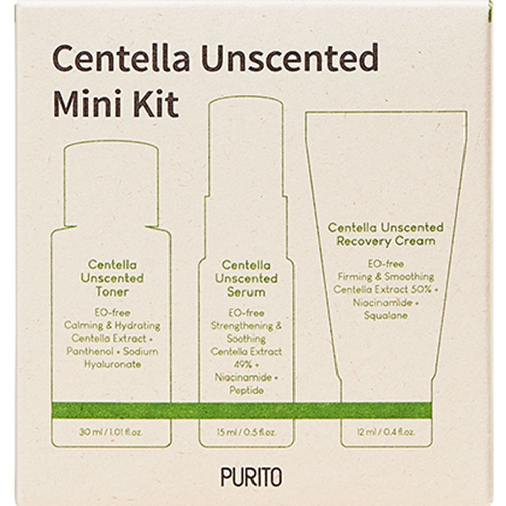Confezione in cartone con tre illustrazioni di prodotti. Scritta: Centella Unscented Mini Kit. Prodotti: Toner, Serum, Recovery Cream. Marchio: PURITO.