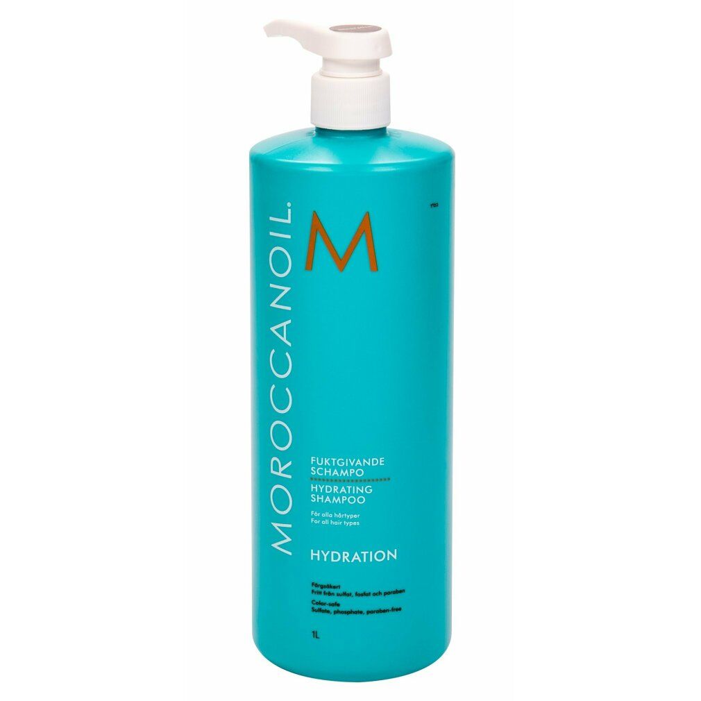 Flacone turchese con dosatore bianco. Scritta: Moroccanoil, Hydrating Shampoo. Logo arancione.