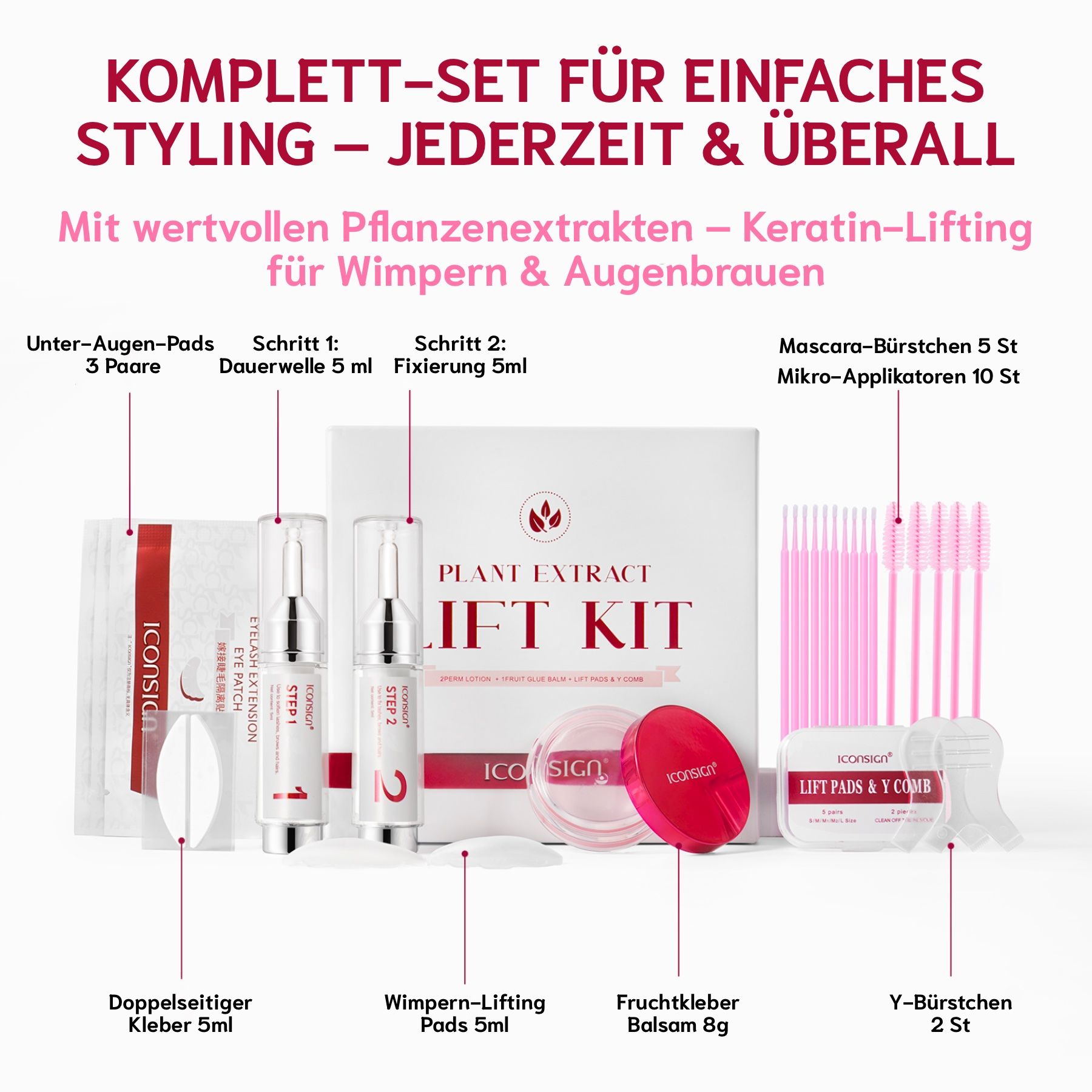 Kit completo per laminazione ciglia e sopracciglia. Contiene flaconi, cuscinetti, spazzole e colla. Con testo e logo.