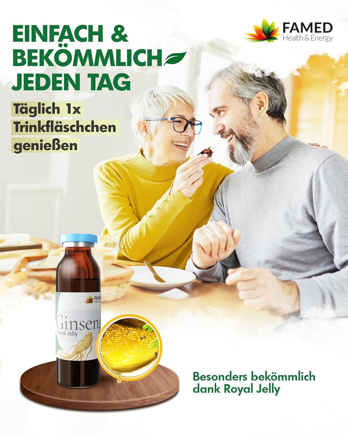 Fiala Ginseng Royal Jelly con etichetta, tag "X30" e sigillo di garanzia di soddisfazione.