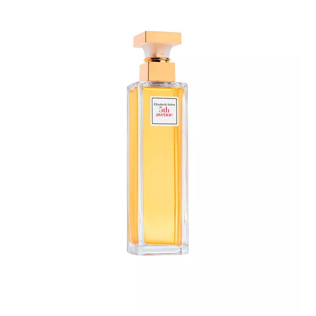 Flacone rettangolare con tappo dorato. Etichetta con scritta 5th avenue. Liquido giallo.
