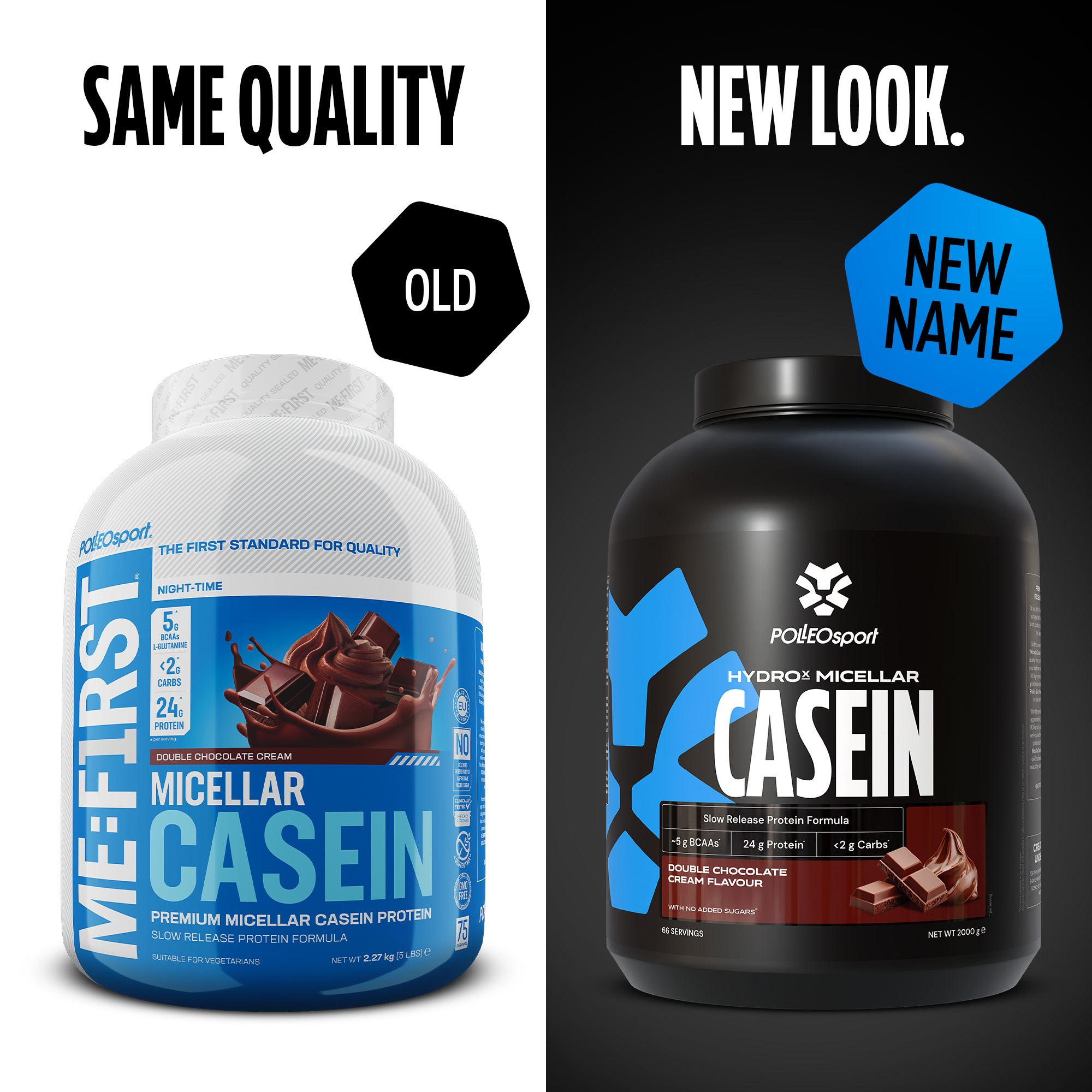 Confronto: barattolo ME:FIRST Micellar Casein (vecchio) e barattolo HYDROX Micellar Casein (nuovo). Entrambi con testo e illustrazioni.