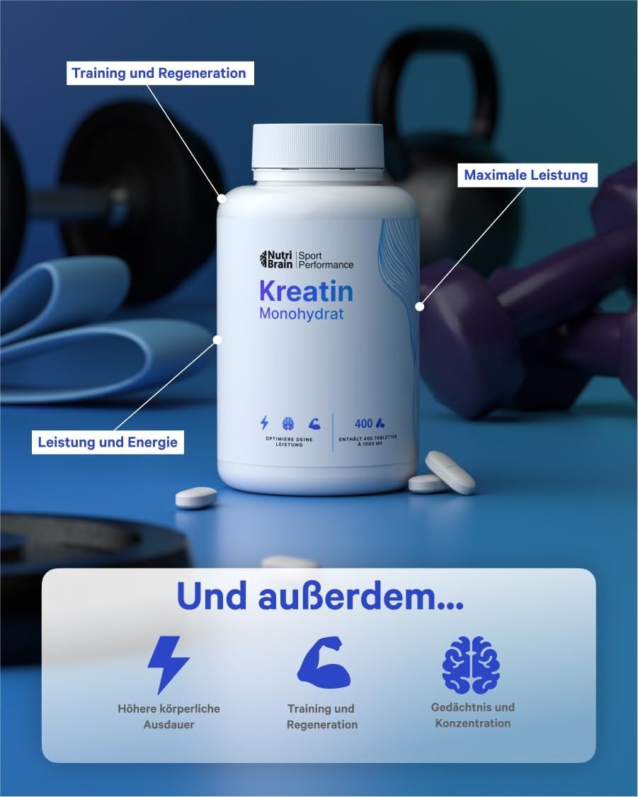 Flacone di compresse di creatina monoidrato con attrezzatura fitness e annotazioni.