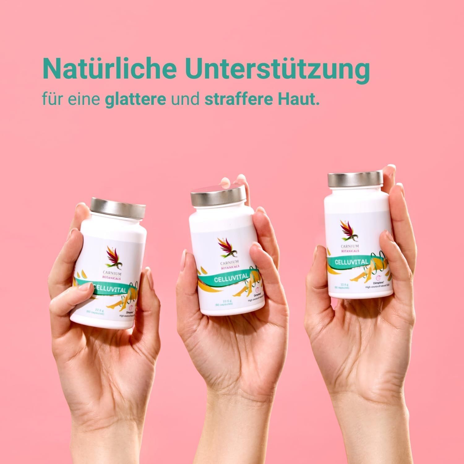 Tre flaconi CELLUVITAL in mano. Testo: Supporto naturale per una pelle più liscia e tonica. Sfondo rosa.