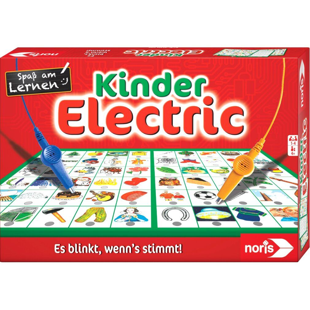 Gioco Kinder Electric. Scatola rossa con immagini colorate e due penne. Testo: Es blinkt, wenn's stimmt! (Lampeggia se è corretto!)
