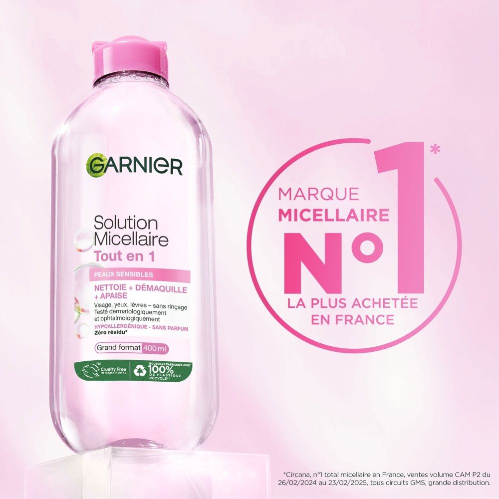 Flacone Garnier Solution Micellaire, Tout en 1, per pelli sensibili. N°1 in Francia. Confezione verde con logo riciclo.