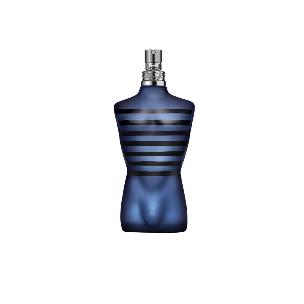 Flacone blu a forma di torso con strisce nere. Testa spray argentata. Sfondo bianco.