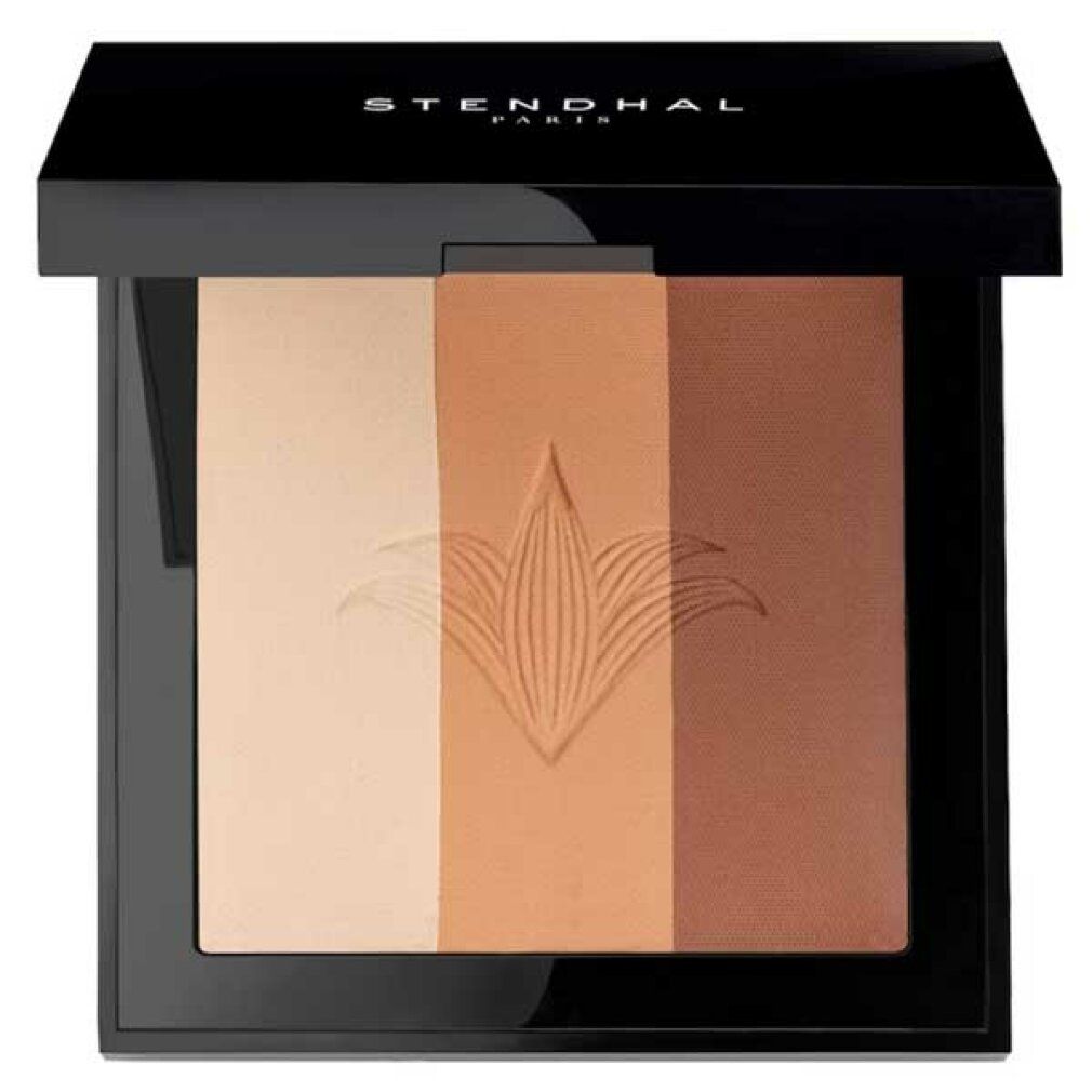 Stendhal Contouring And Bronzing 200. Palette compatta quadrata nera con tre tonalità e logo. Coperchio con nome del marchio.