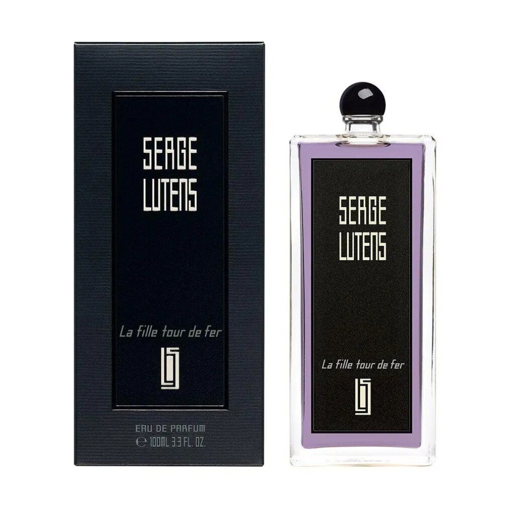 Flacone e scatola neri. Scritta bianca. Flacone rettangolare con tappo nero. Scritte: Serge Lutens, La Fille tour de fer, Eau de Parfum.