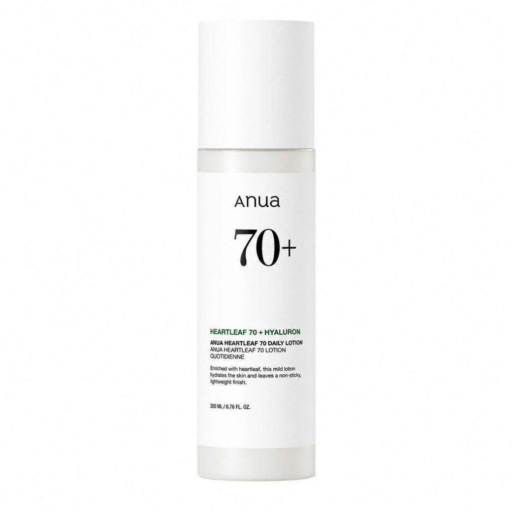 Anua 70+ Heartleaf Hyaluron Lotion: Flacone bianco con scritte nere. Contiene 200 ml.