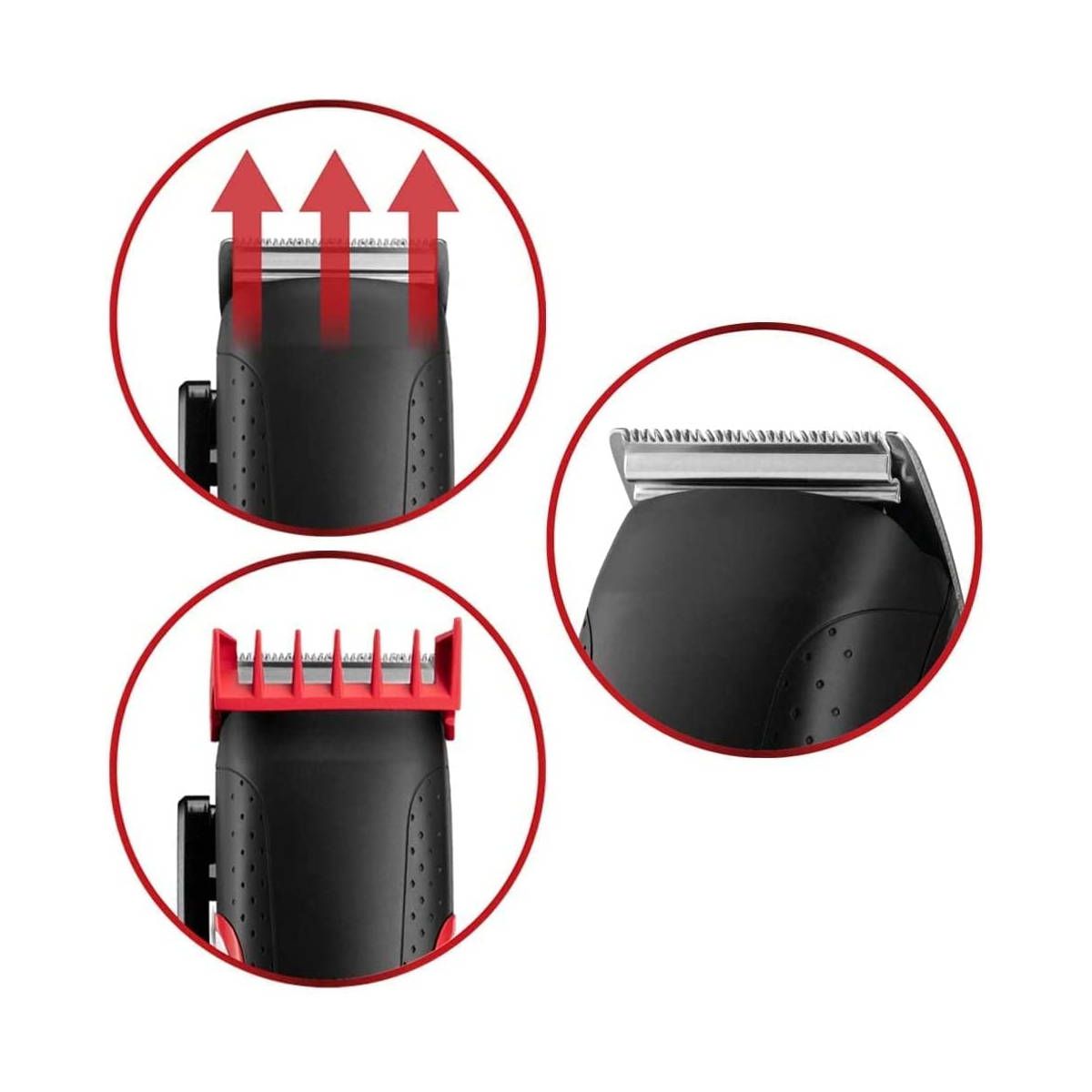 Primi piani del tagliacapelli. Diversi pettini e lame. Pettine rosso, vista lame e dettaglio.