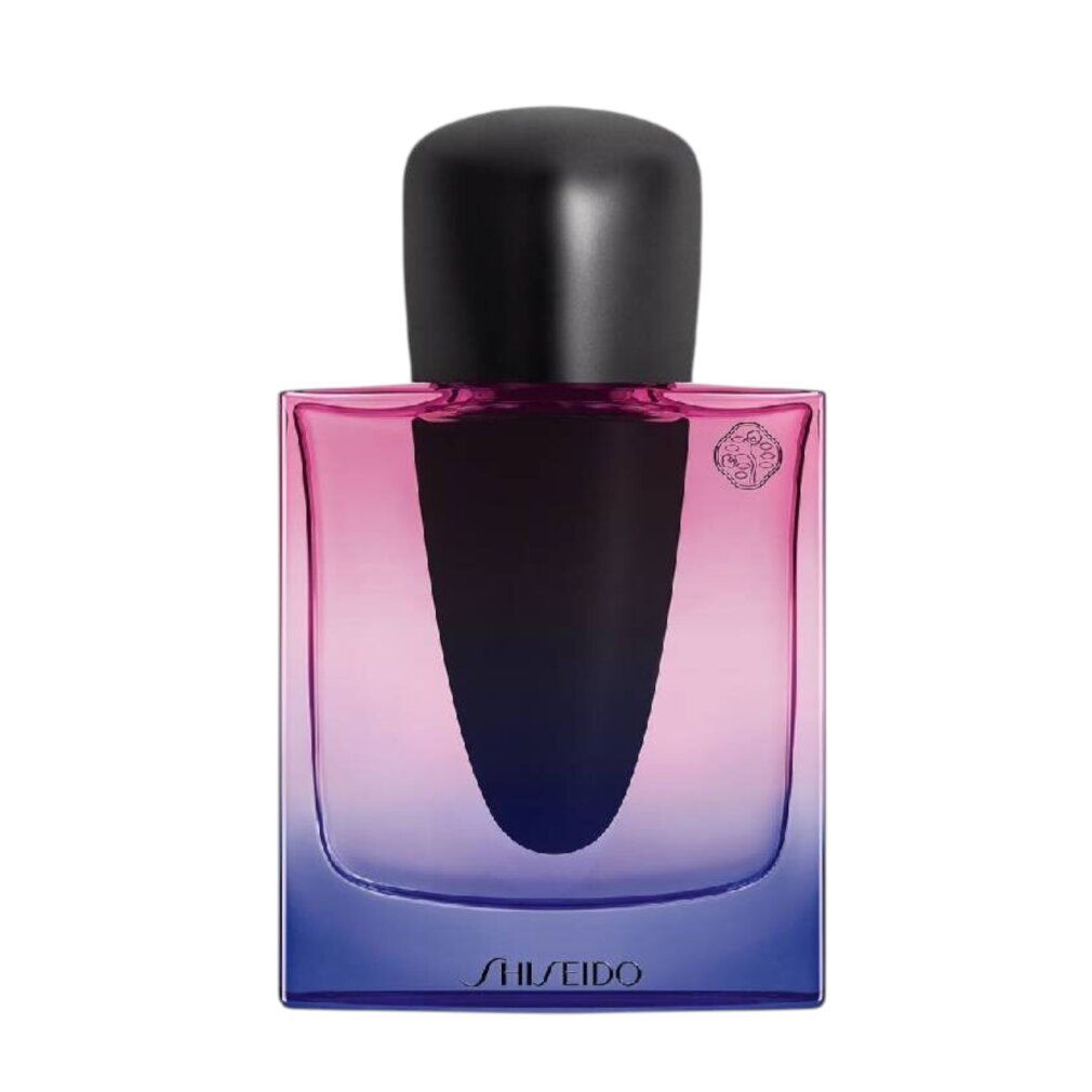 Flacone sfumato blu-rosa, tappo nero. Logo SHISEIDO in basso. Forma quadrata.