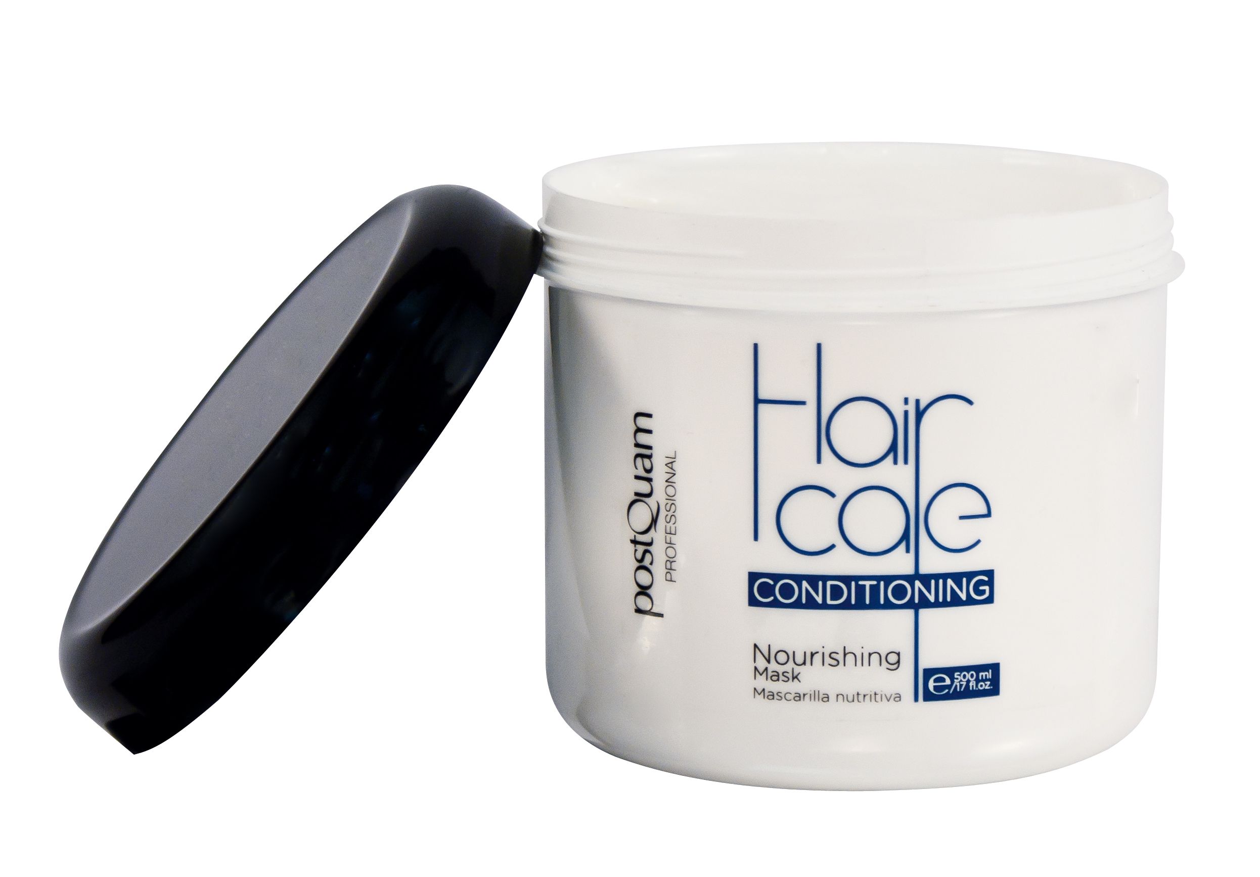 Vaso bianco con coperchio nero accanto. Scritta: Hair Care Conditioning, Nourishing Mask. Marchio: Postquam.