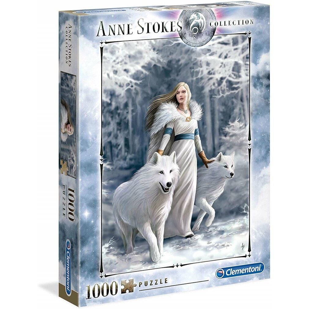 Scatola puzzle. Soggetto: donna con lupi in un bosco invernale. Testo: Anne Stokes Collection, 1000 pezzi, Clementoni.