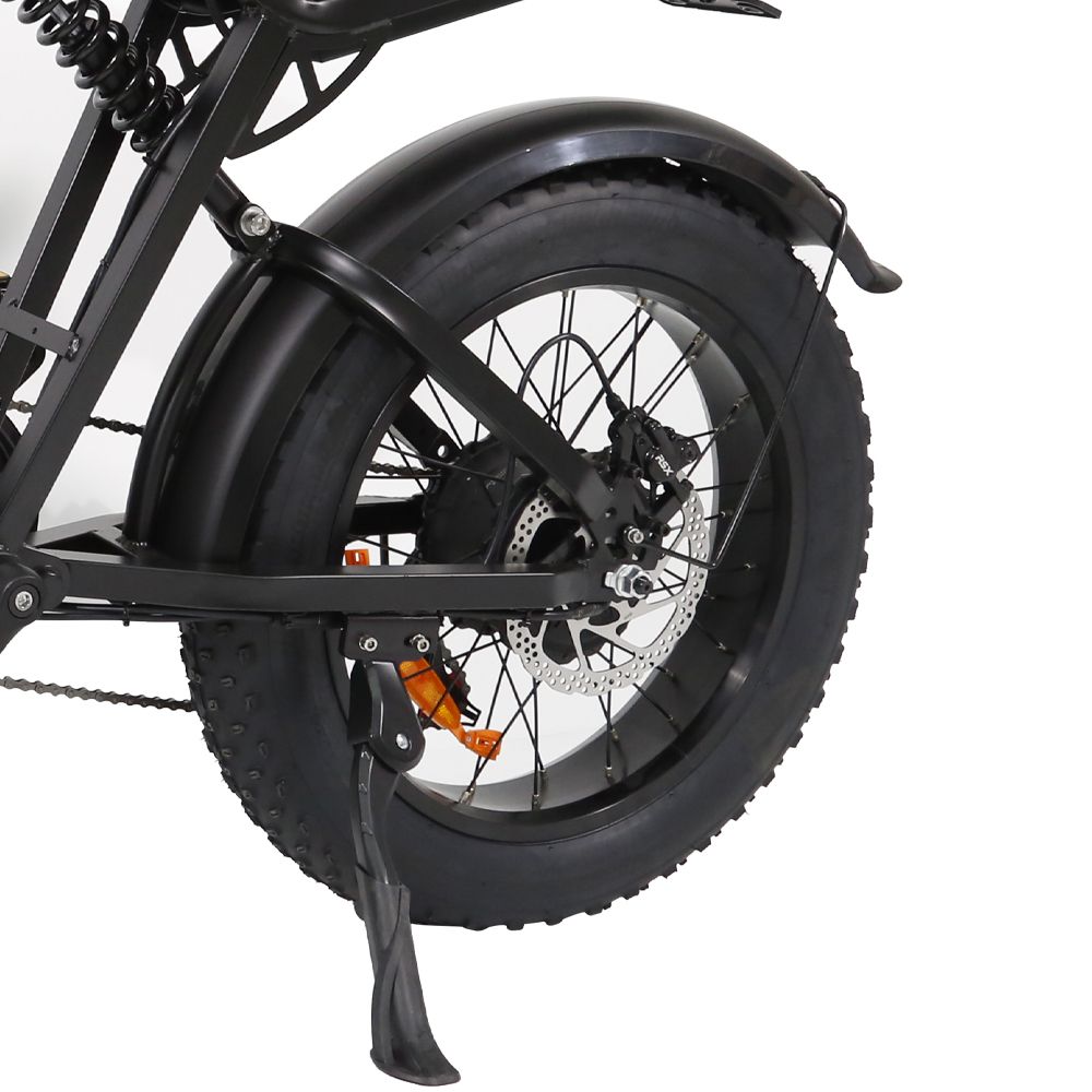 Ruota posteriore e-bike. Pneumatici larghi, freno a disco, parafango, cavalletto.