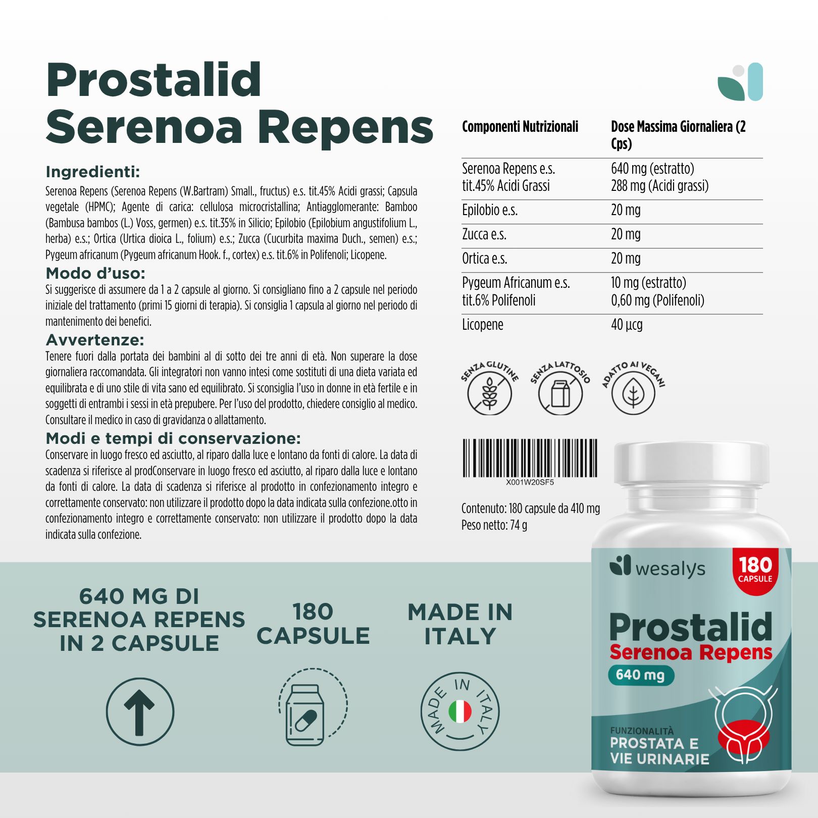 Informazioni sul prodotto. Flacone di capsule. Scritta: Prostalid, 180 capsule. Testo: Ingredienti, uso, avvertenze.