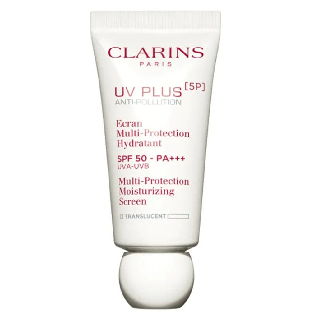 Tubo bianco con testo rosso. Prodotto: Clarins UV Plus [5P]. Scritto: Multi-Protection, SPF 50, UVA-UVB.