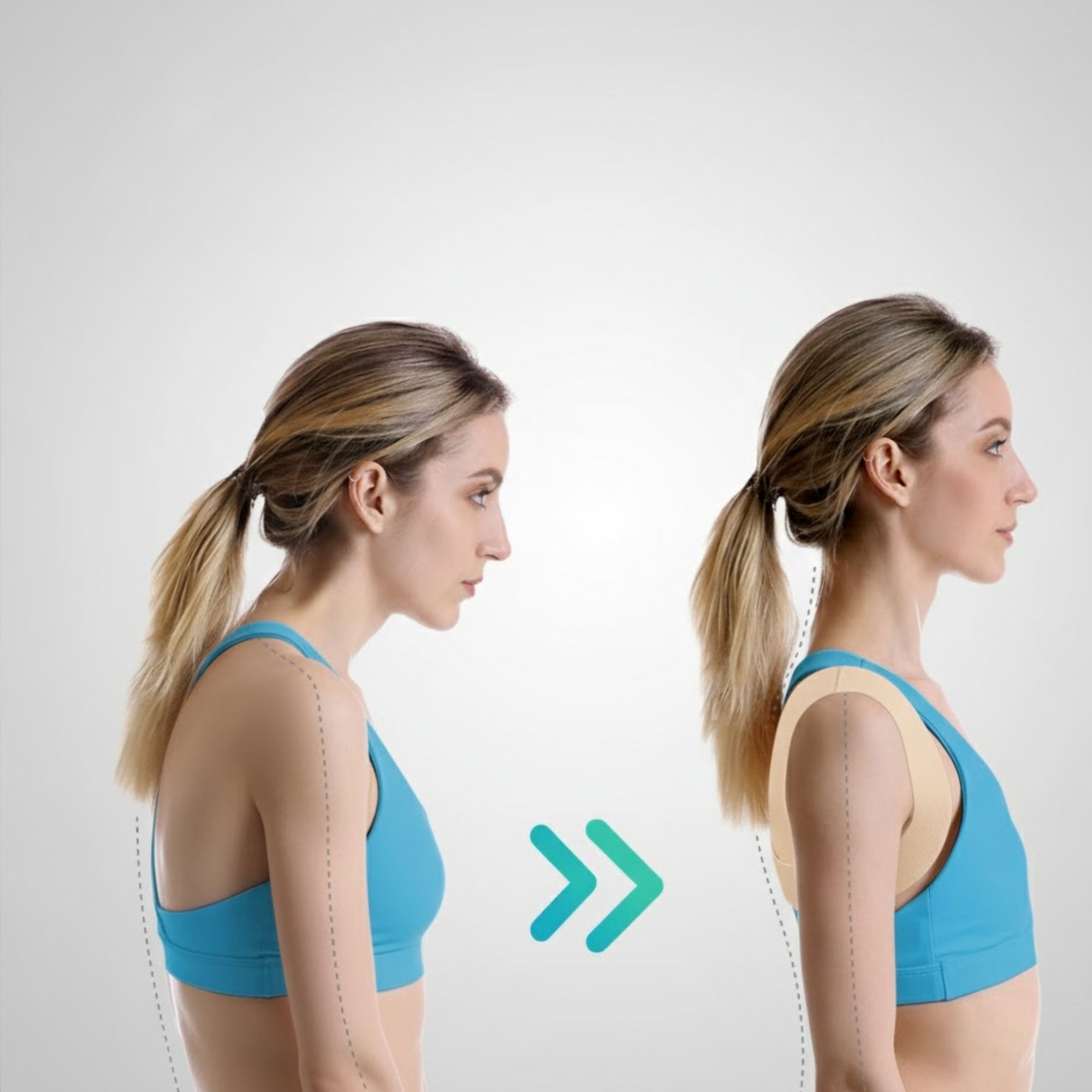Immagine comparativa: donna con postura scorretta e corretta. Una fascia dorsale beige è visibile a destra.