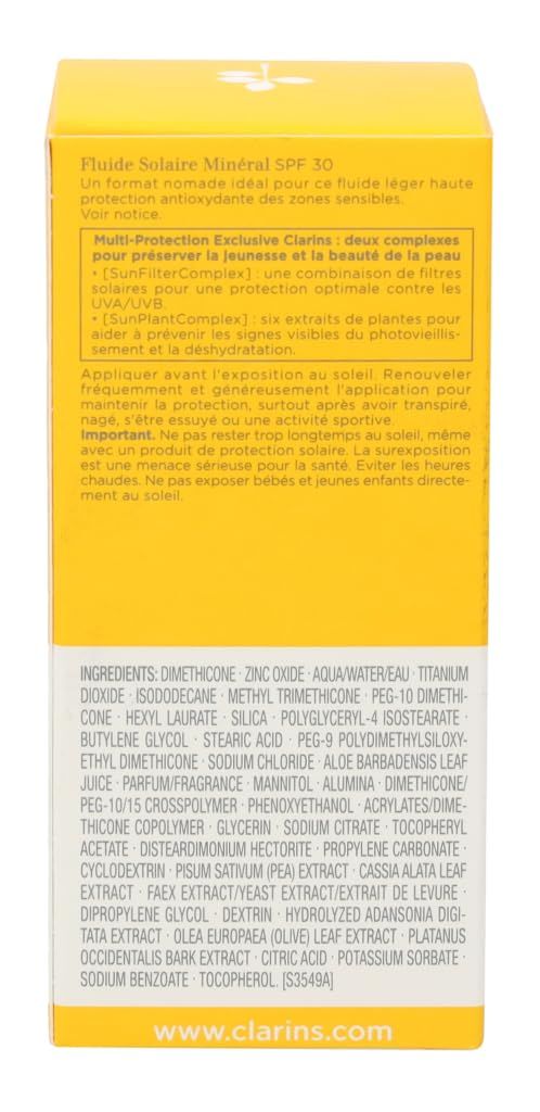 Retro della confezione gialla. Testo sugli ingredienti e l'uso. Logo Clarins. Ingredienti in inglese.