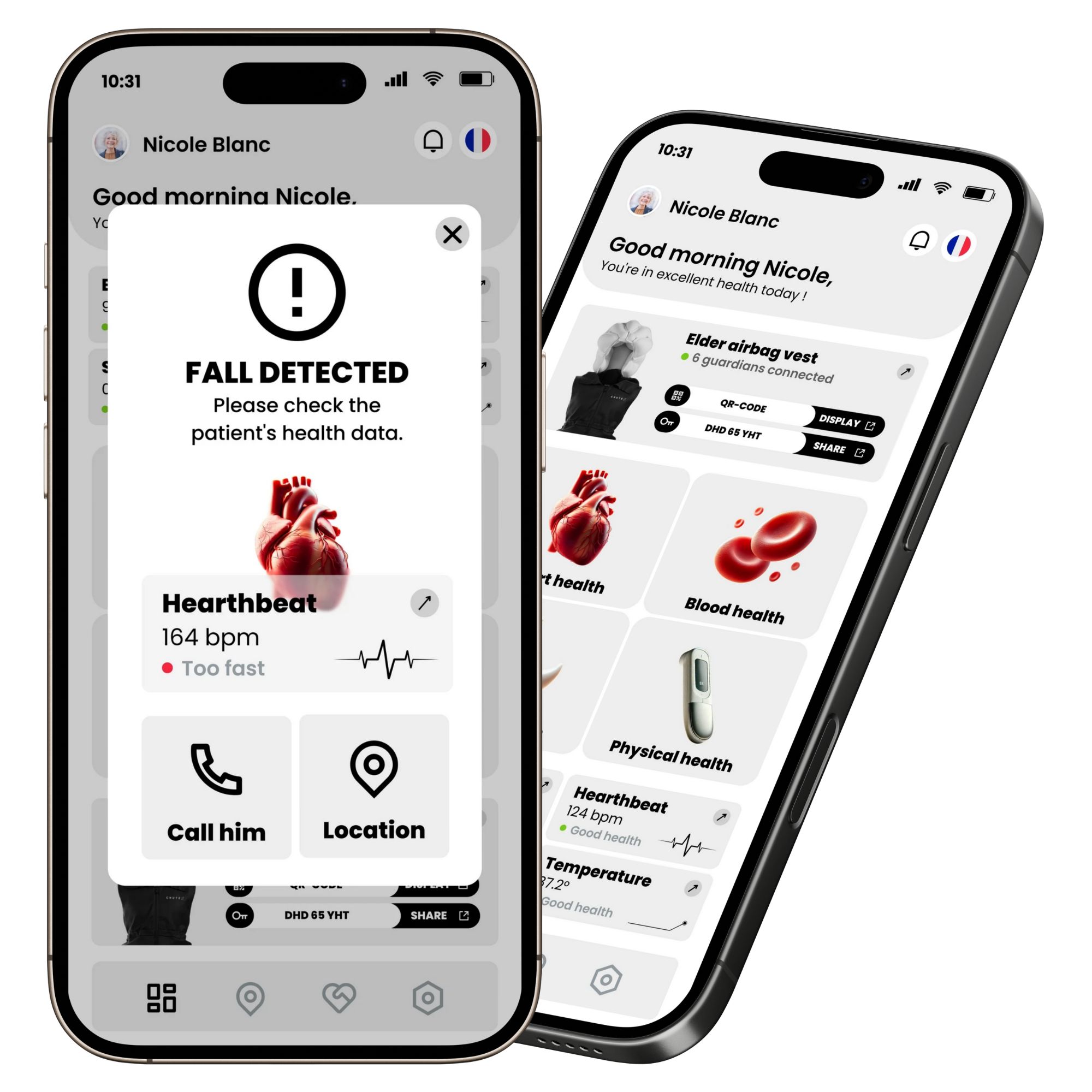 Due smartphone con interfacce utente. Messaggio: "FALL DETECTED". Frequenza cardiaca: 164 bpm. Opzioni: Chiama, Posizione. Altri dati.