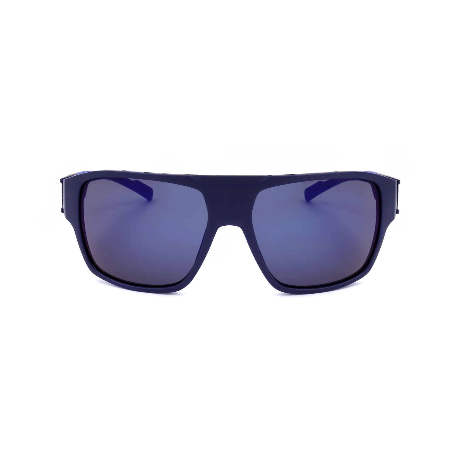 Occhiali da sole blu scuro con lenti rettangolari a specchio e montatura larga.