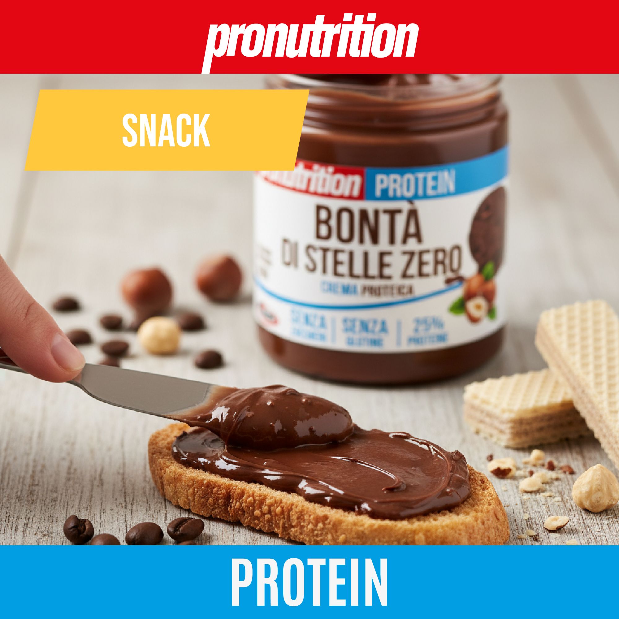 Pane spalmato con crema proteica. Barattolo di crema proteica, Bontà di Stelle Zero. Scritta: Senza zuccheri, senza glutine, 25% proteine.