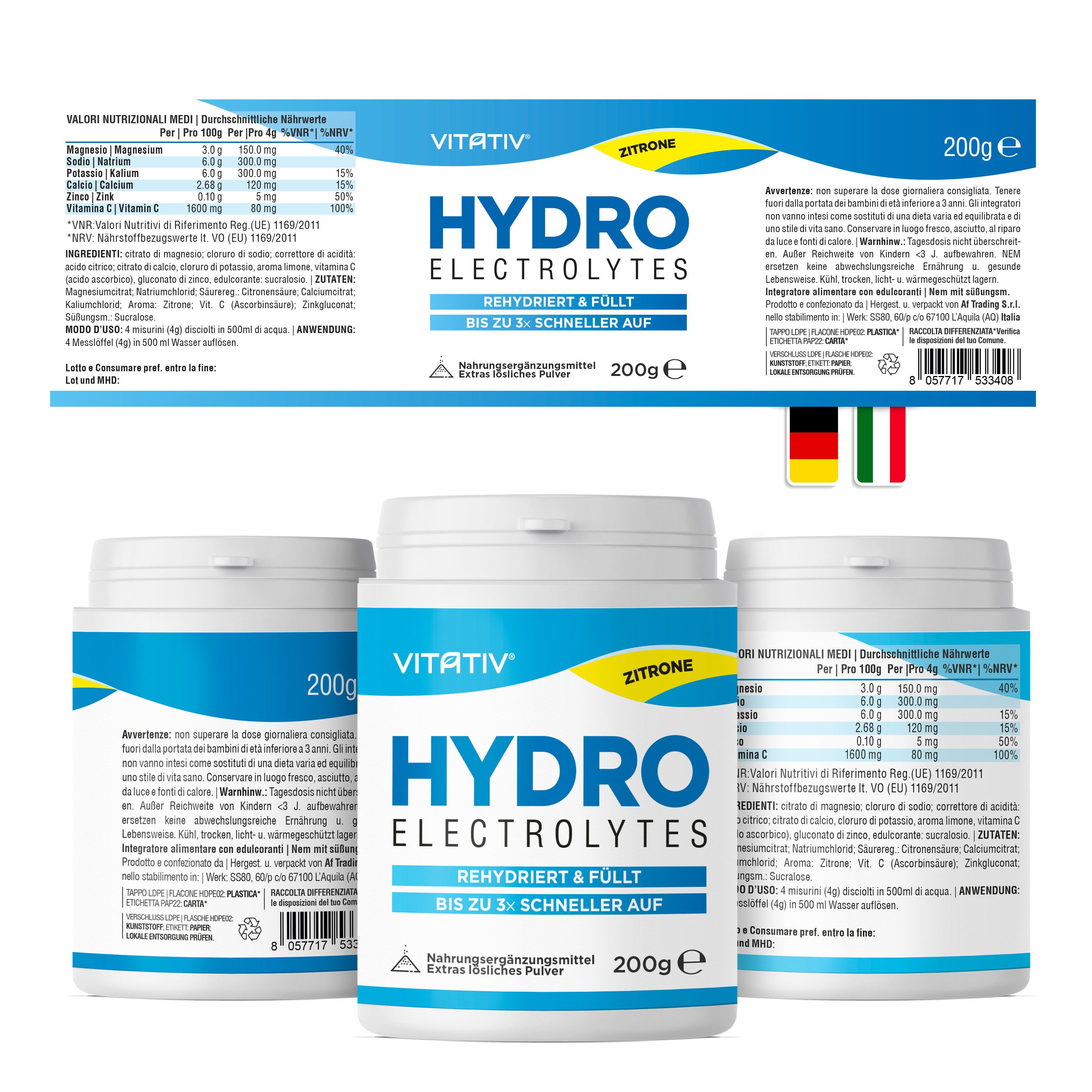 Tre barattoli di prodotto con etichetta blu. Testo: HYDRO Electrolytes, 200g, Limone. Tabella nutrizionale.