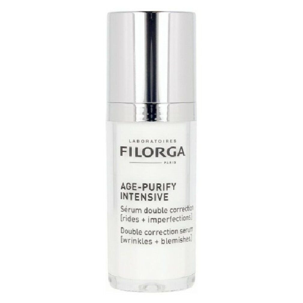 Siero Filorga Age-Purify Intensive. Flacone bianco con tappo argentato. Nome del prodotto e testo visibili.
