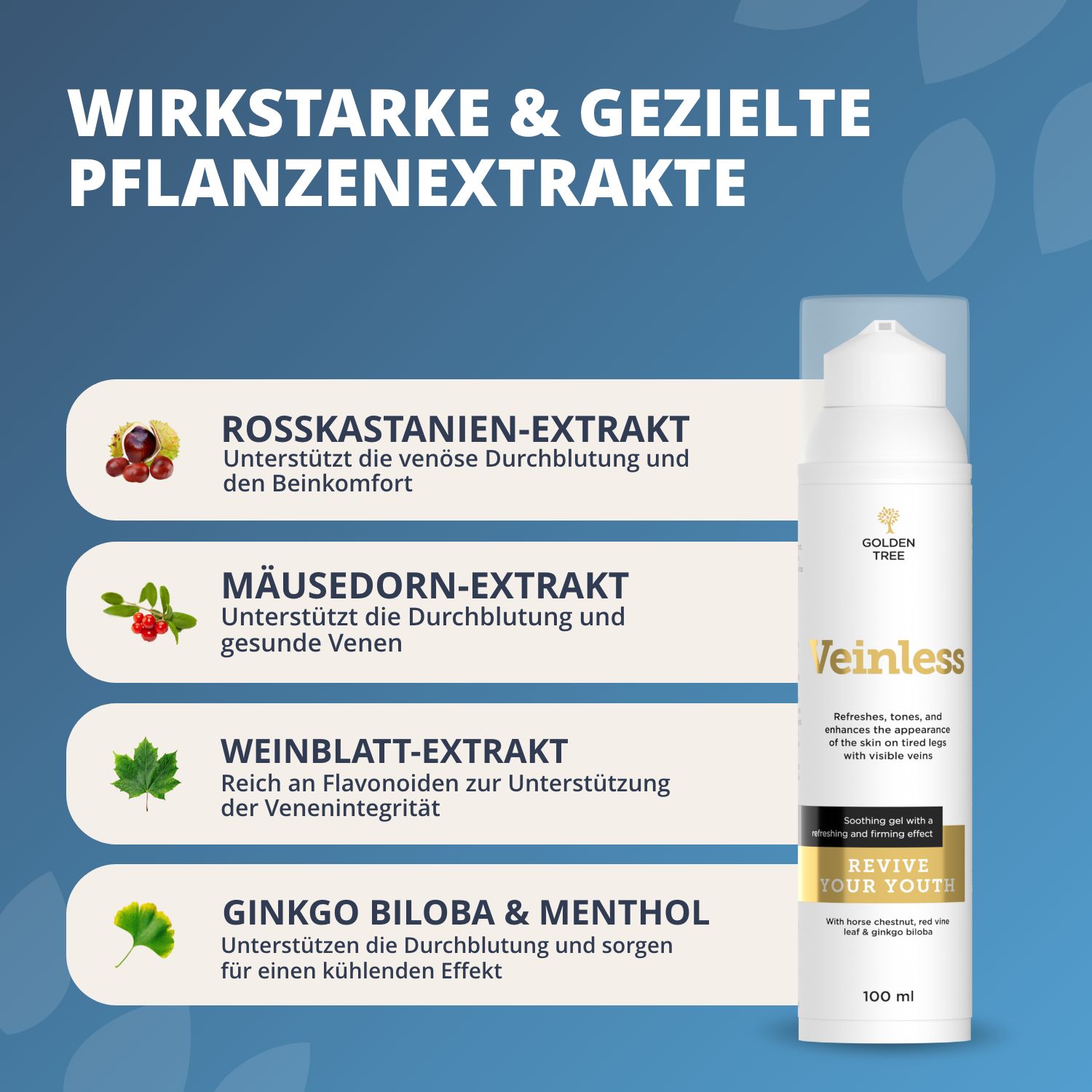 Flacone Golden Tree Veinless con erogatore, 100 ml, con estratti vegetali.
