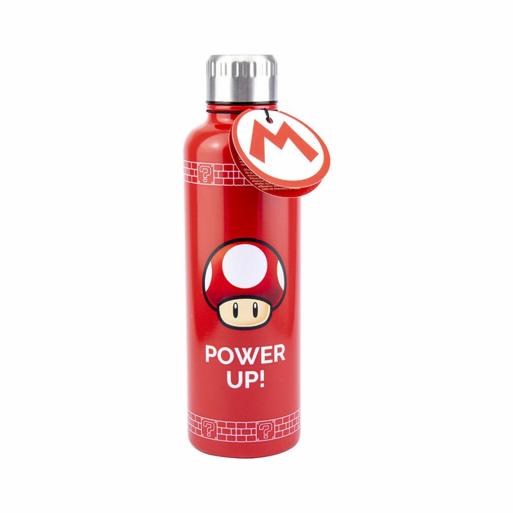 Borraccia rossa con design a fungo e scritta "POWER UP!". Tappo argentato. Etichetta con logo "M".