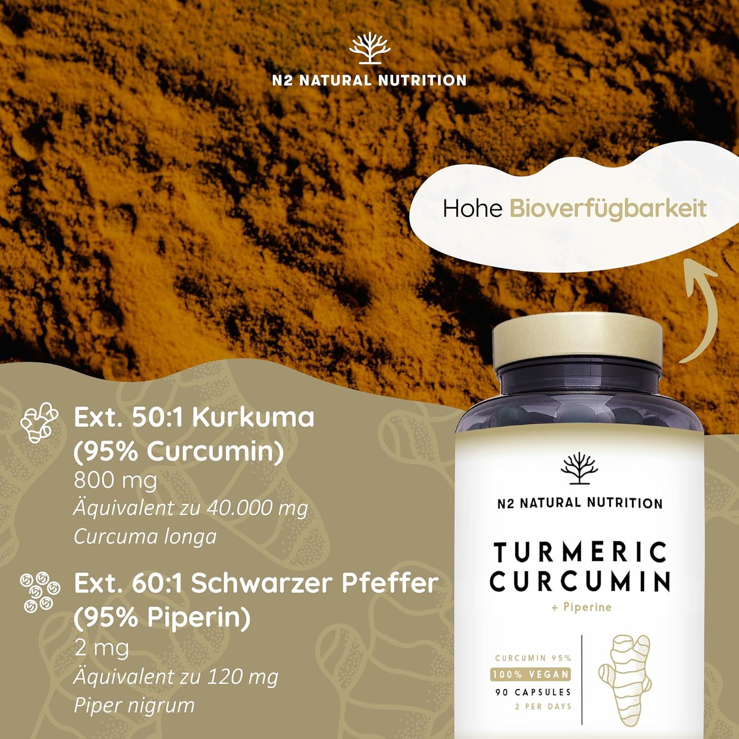 Flacone marrone con capsule. Scritta: Turmeric Curcumin + Piperine. 90 capsule, 100% vegan. Testo: Ext. 50:1 Curcuma, 800 mg. Alta biodisponibilità.