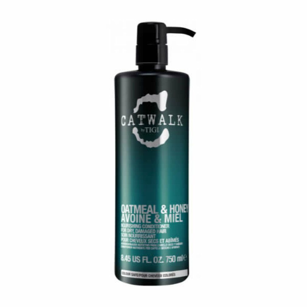 Flacone verde scuro con dosatore nero. Scritta: CATWALK by TIGI, Oatmeal & Honey. Per capelli danneggiati.