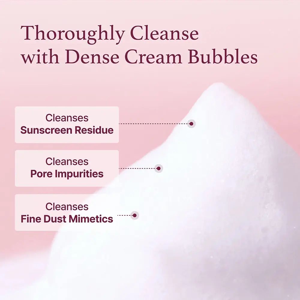 Montagna di schiuma bianca. Testo: Pulire a fondo con una densa schiuma cremosa. Pulisce i residui di crema solare, le impurità dei pori, la polvere sottile.