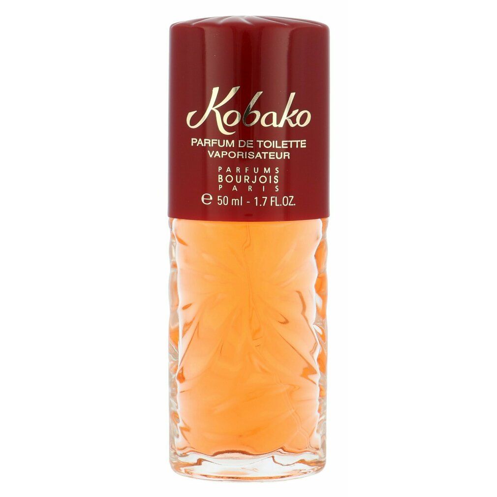 Kobako Eau de Toilette. Flacone con tappo rosso. Liquido marrone. Vetro goffrato floreale. 50 ml.
