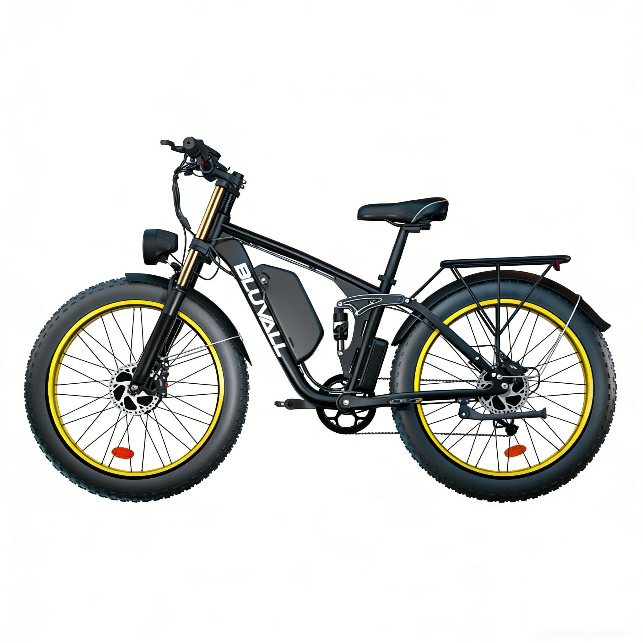 E-bike nera con cerchi gialli, pneumatici larghi, faro e scritta BLUVALL.