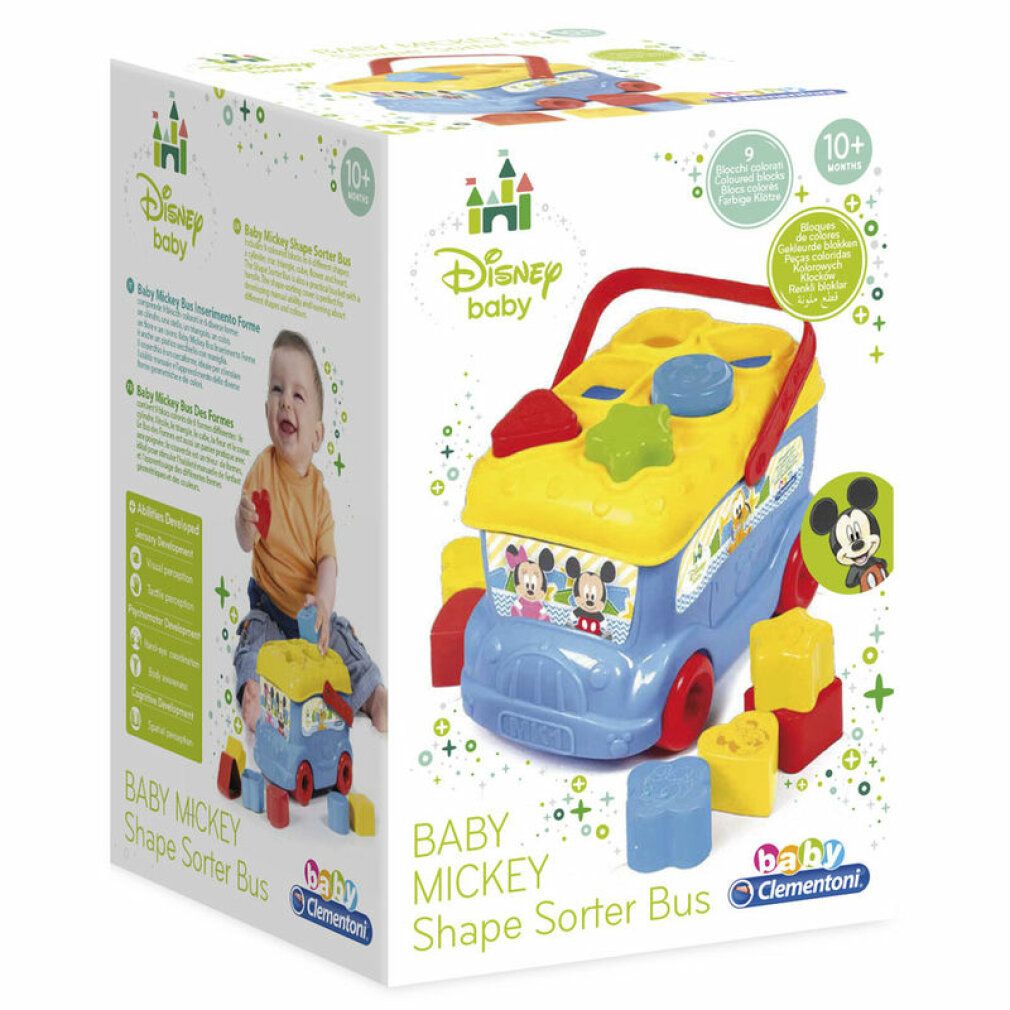 Confezione Baby Mickey Shape Sorter Bus. Mostra il giocattolo e un bambino. Contiene il logo Clementoni.