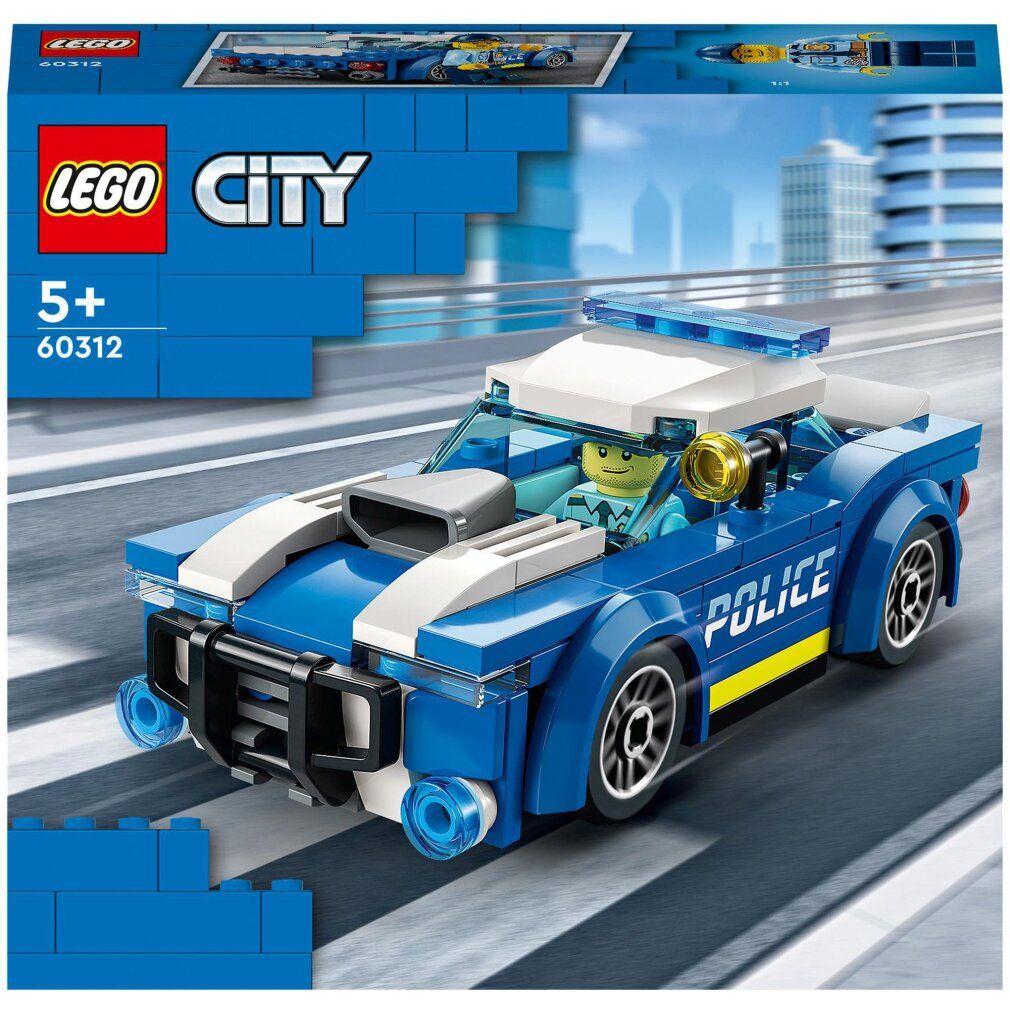 Auto della polizia LEGO City blu e bianca con conducente. La confezione indica LEGO City, 5+ e 60312.