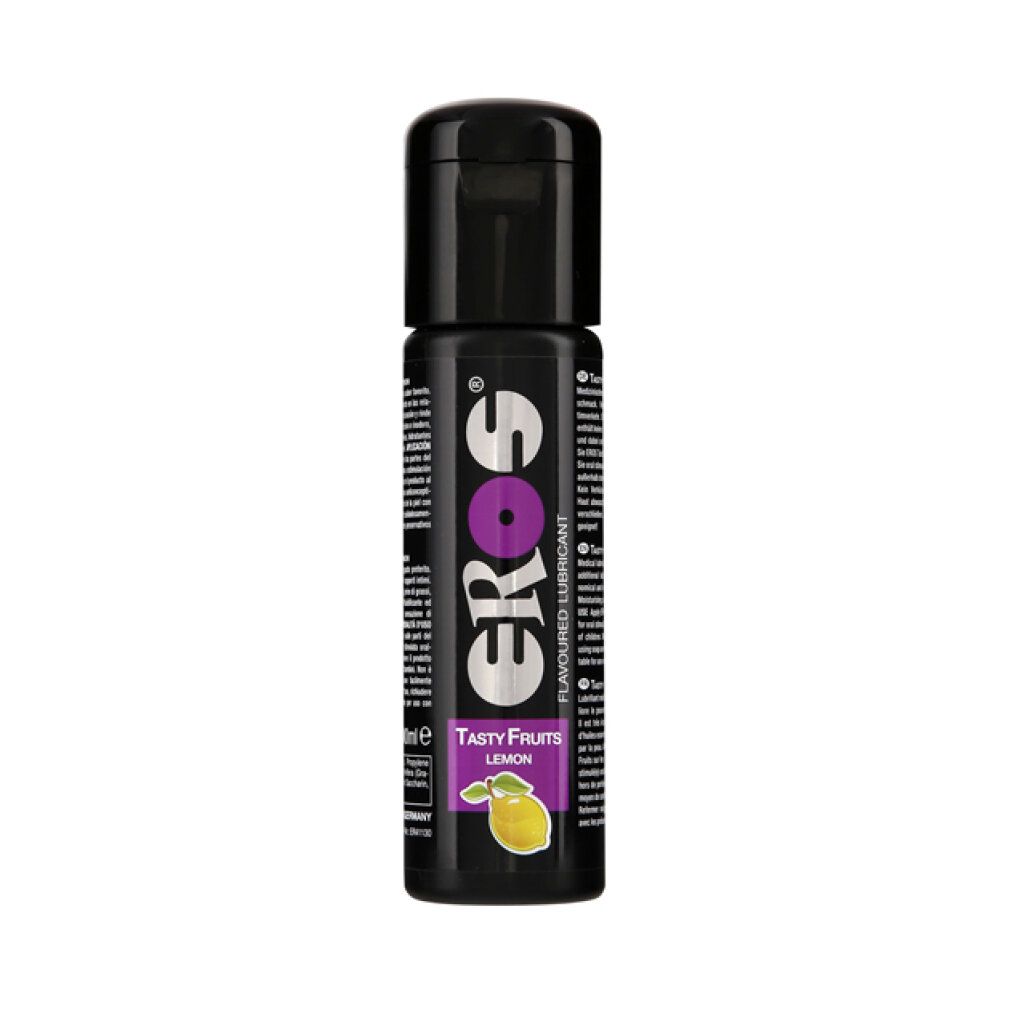 Flacone nero con logo "eros" e scritta "Tasty Fruits Lemon". Con tappo dosatore. Testo multilingue.
