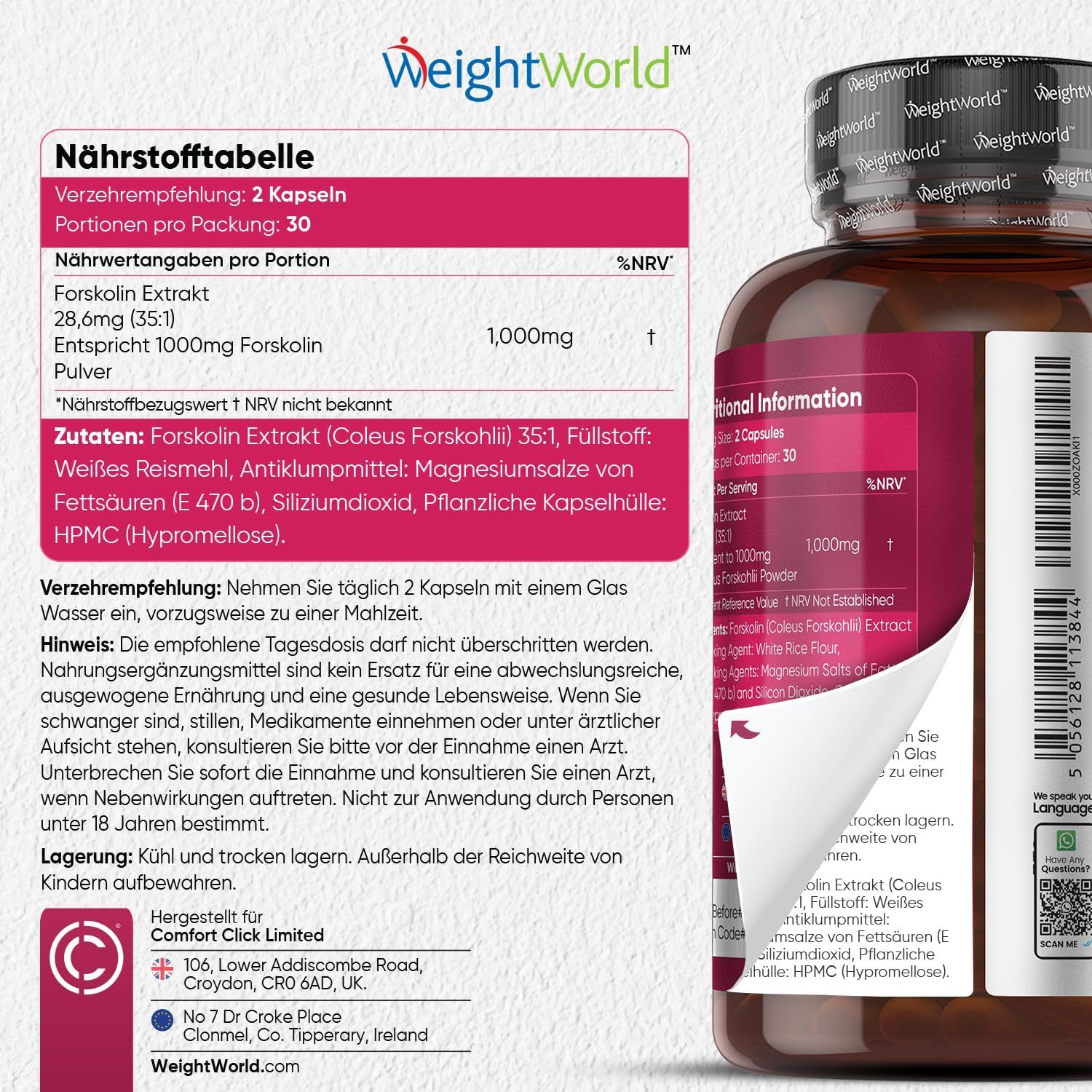 Tabella nutrizionale. Testo: 2 capsule, 1000mg estratto di forskolina. Istruzioni per l'uso e la conservazione. Logo WeightWorld.