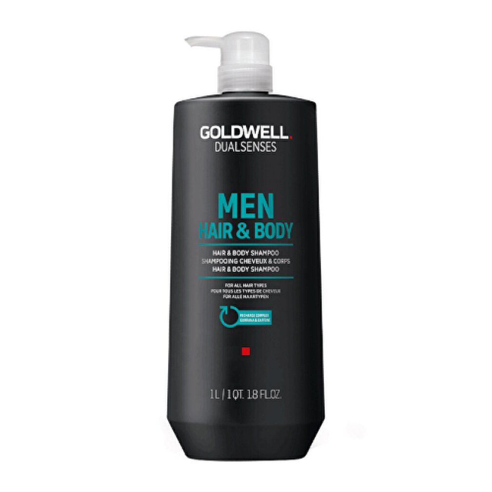 Flacone nero con dosatore bianco. Scritta: Goldwell Dual Senses Men Hair & Body Shampoo. 1L/10T. 1.8 FL.OZ.