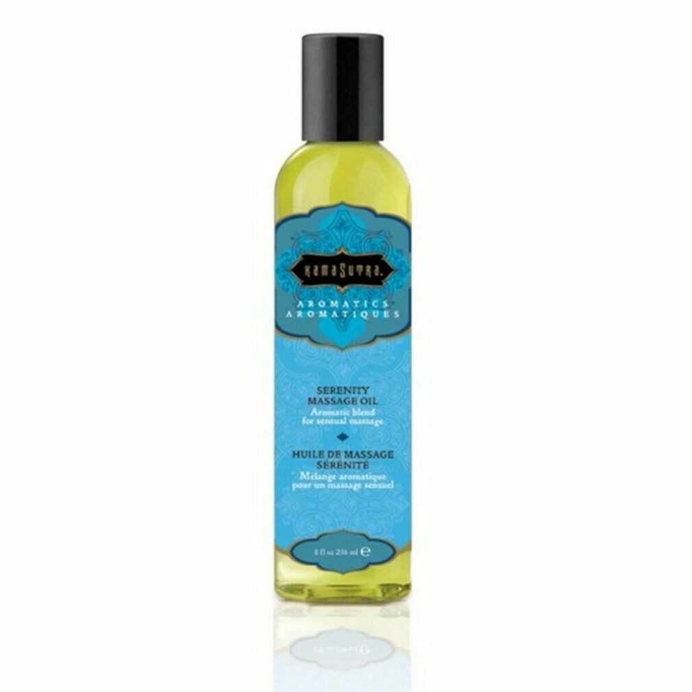 Flacone di liquido con tappo nero. Scritta: Kama Sutra Aromatics, Serenity Massage Oil, 8 fl oz.